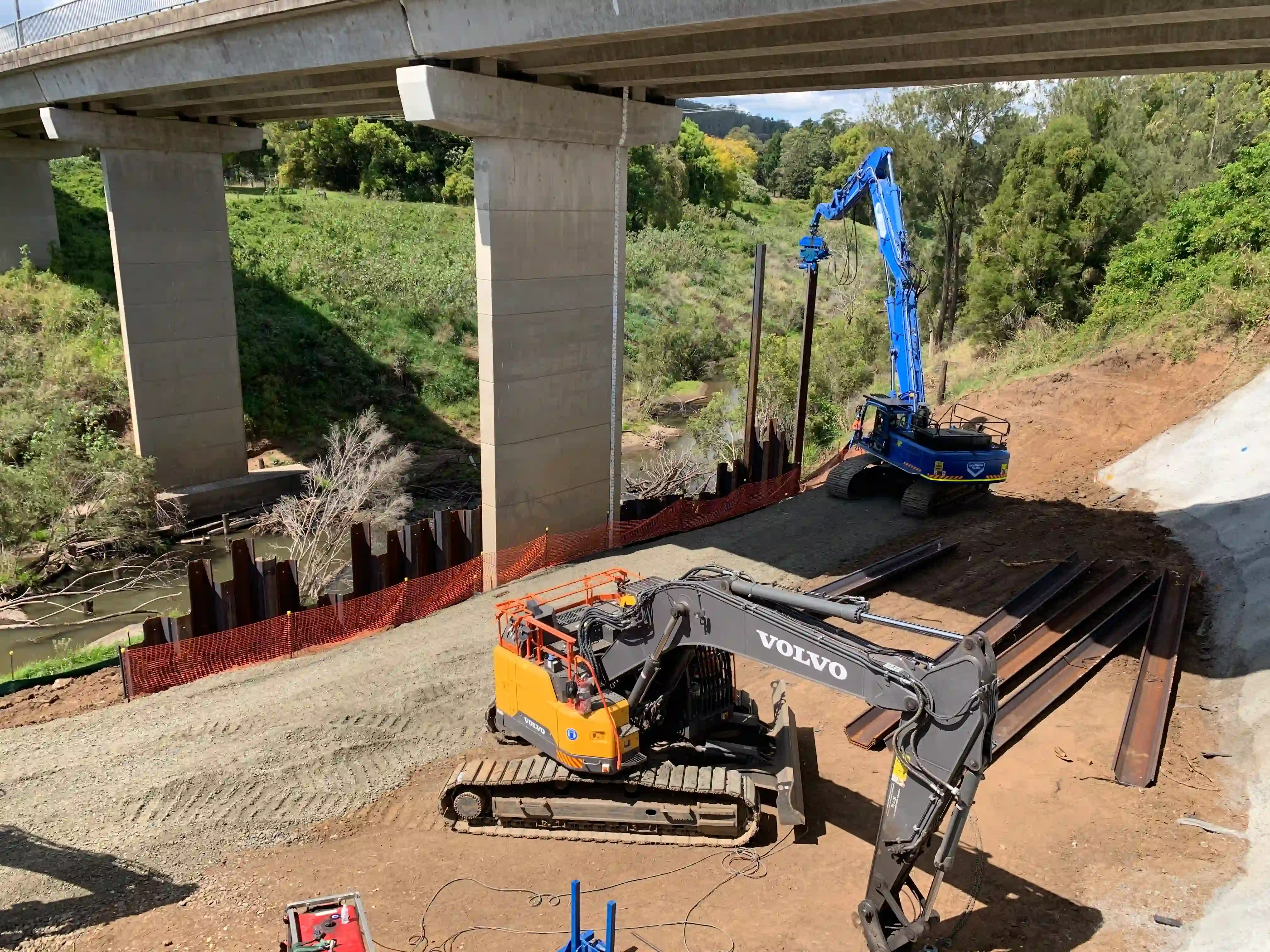 Machinery working on earthworks for the Geneva Bridge Landslide Remediation in Kyogle, NSW