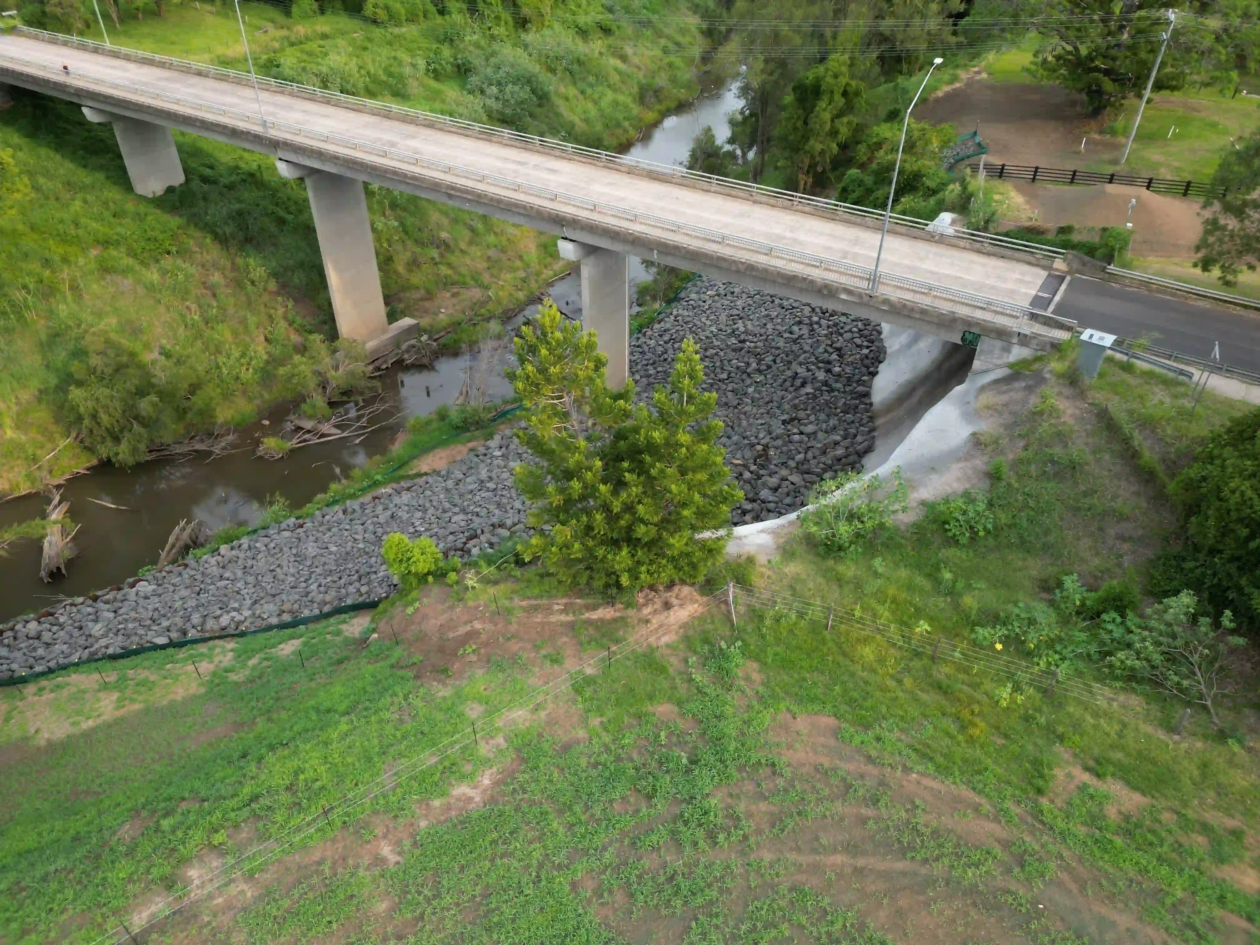 Aerial view of the Geneva Bridge Landslide Remediation Project in Kyogle, NSW